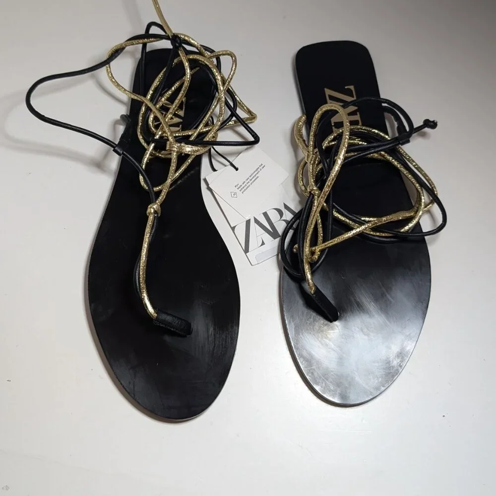 ZARA NWT Sandals strappy flat gladiator roman SZ 7.5 LACED UP boho  bold SUBLIME - Picture 7 of 10